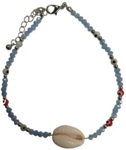 Enkelbandje - Schelp En Glaskralen - Anklet - Lengte 25-30 Cm - Blauw