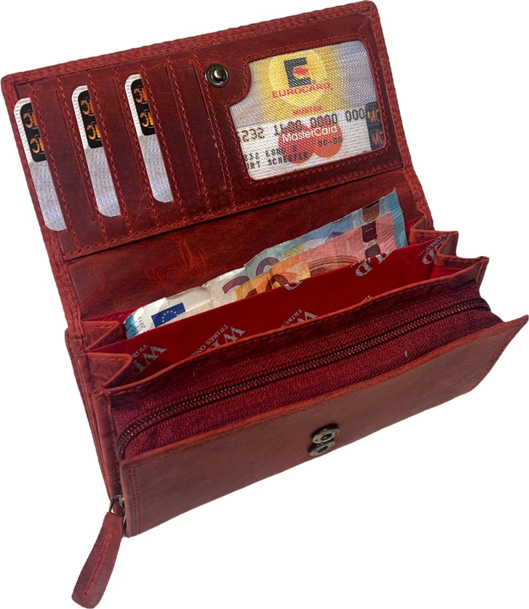 WILD - Dames Portemonnee - Leren Portemonnee Dames - Overslagportemonnee - Groot Model - Vintage Leer - Rood 3 WILD - Dames Portemonnee - Leren Portemonnee Dames - Overslagportemonnee - Groot Model - Vintage Leer - Rood