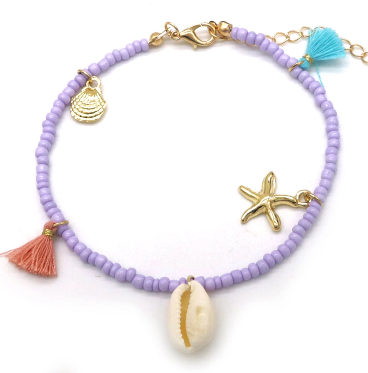 Enkelbandje - Schelp En Zeester - Anklet - Lengte 25-30 Cm - Paars 3 Enkelbandje - Schelp En Zeester - Anklet - Lengte 25-30 Cm - Paars