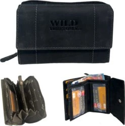 WILD - Portemonnee Dames - Leren Dames Portemonnee - Tussenmaat Model - Ritssluiting - Vintage Leer Zwart