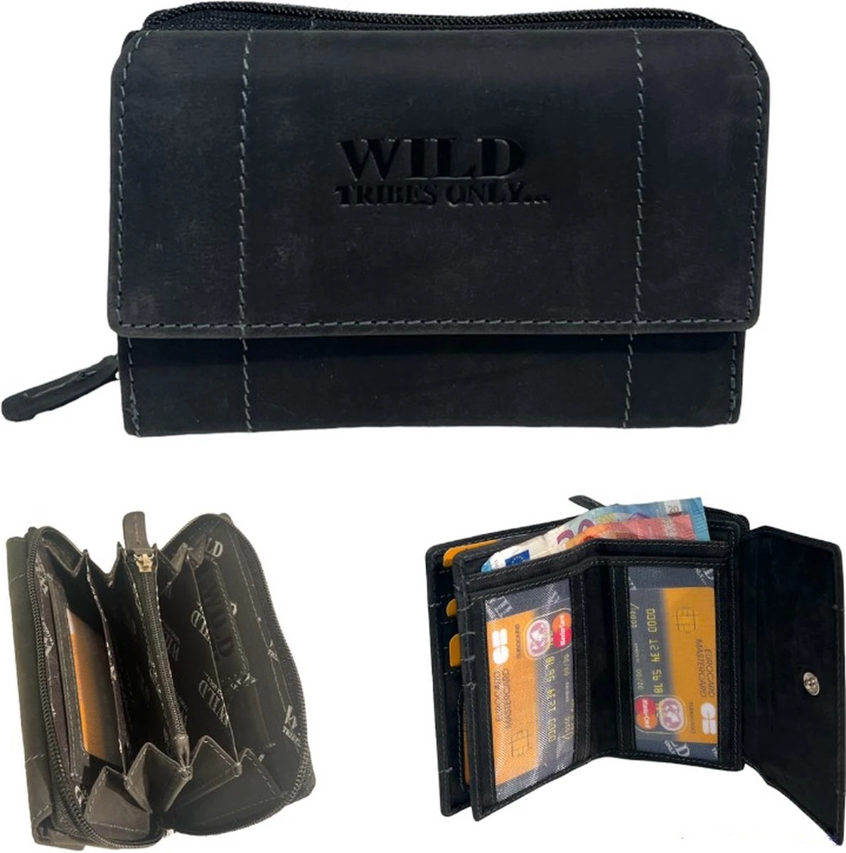 WILD - Portemonnee Dames - Leren Dames Portemonnee - Tussenmaat Model - Ritssluiting - Vintage Leer Zwart 3 WILD - Portemonnee Dames - Leren Dames Portemonnee - Tussenmaat Model - Ritssluiting - Vintage Leer Zwart