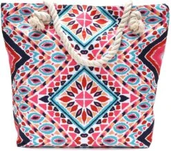 Strandtas Met Rits - Beach Bag - Rood - Roze - Azteken Print - 44 X 36 X 12 Cm