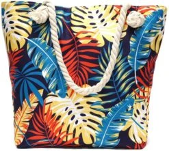 Strandtas Met Rits - Beach Bag - Bladeren - Geel - Blauw - Rood - 44 X 36 X 12 Cm