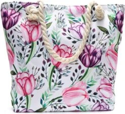 Strandtas Met Rits - Beach Bag - Bloemen - Roze - Paars - 44 X 36 X 12 Cm
