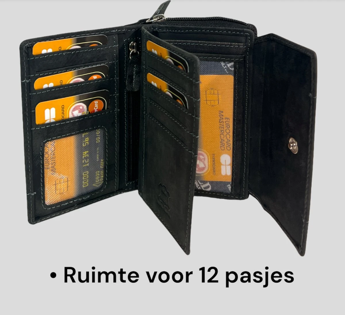 WILD - Portemonnee Dames - Leren Dames Portemonnee - Tussenmaat Model - Ritssluiting - Vintage Leer Zwart 8 WILD - Portemonnee Dames - Leren Dames Portemonnee - Tussenmaat Model - Ritssluiting - Vintage Leer Zwart - Afbeelding 6