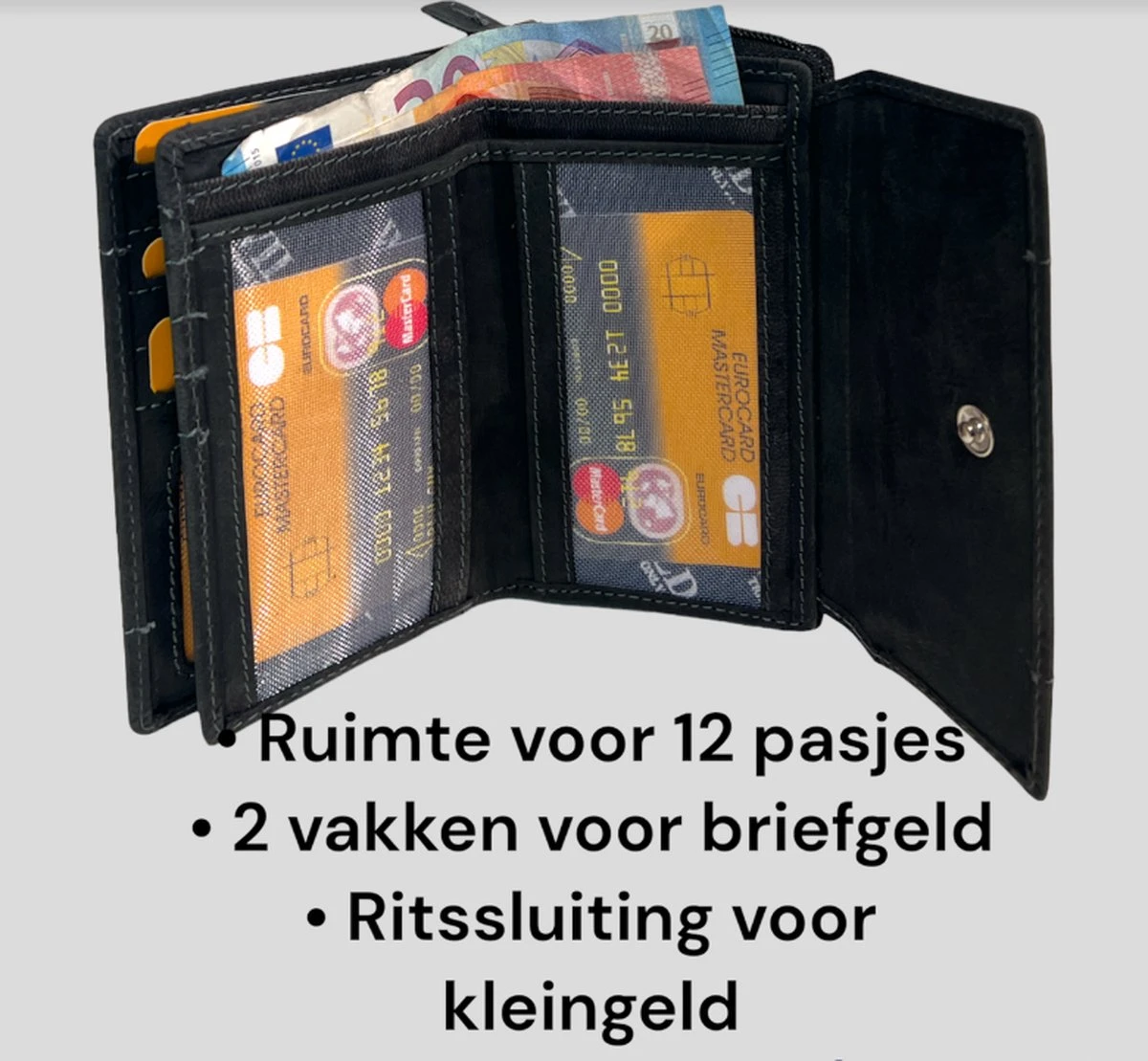 WILD - Portemonnee Dames - Leren Dames Portemonnee - Tussenmaat Model - Ritssluiting - Vintage Leer Zwart 7 WILD - Portemonnee Dames - Leren Dames Portemonnee - Tussenmaat Model - Ritssluiting - Vintage Leer Zwart - Afbeelding 5