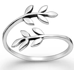 Joy|S - Zilveren Ring - Takje Met Blad - Geoxideerd - Verstelbaar (maat: Zie Omschrijving) - Aanschuifring