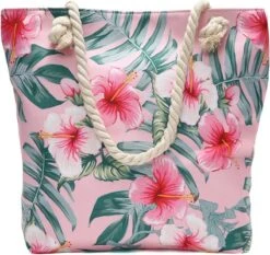 Strandtas Met Rits - Beach Bag - Bloemen - Roze - Wit - 44 X 36 X 12 Cm