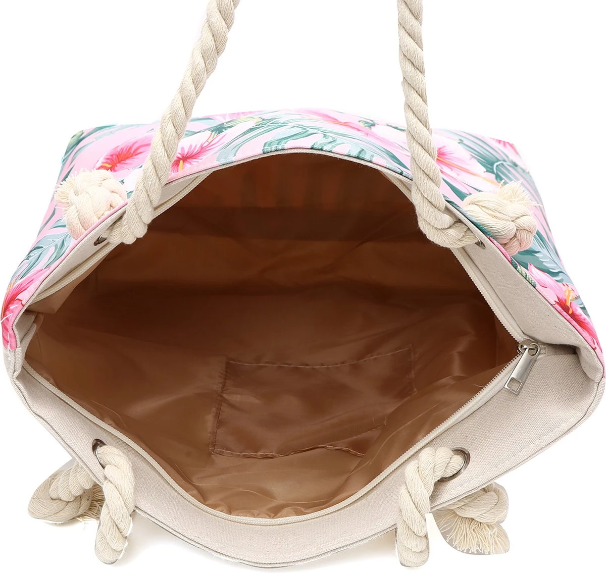 Strandtas Met Rits - Beach Bag - Bloemen - Roze - Wit - 44 X 36 X 12 Cm 5 Strandtas Met Rits - Beach Bag - Bloemen - Roze - Wit - 44 X 36 X 12 Cm - Afbeelding 3