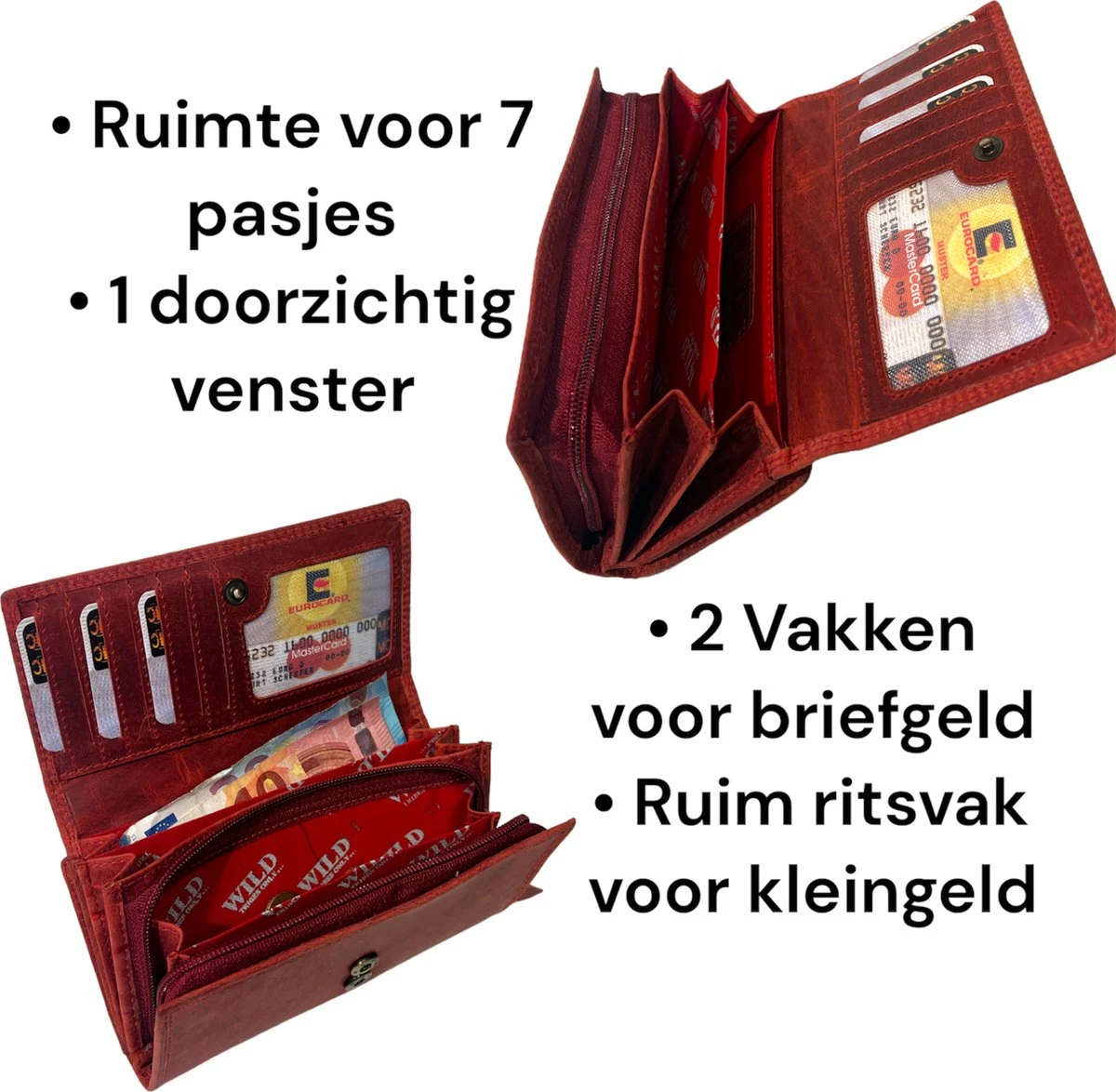 WILD - Dames Portemonnee - Leren Portemonnee Dames - Overslagportemonnee - Groot Model - Vintage Leer - Rood 7 WILD - Dames Portemonnee - Leren Portemonnee Dames - Overslagportemonnee - Groot Model - Vintage Leer - Rood - Afbeelding 5