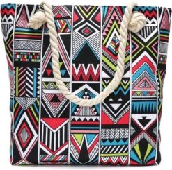 Strandtas Met Rits - Beach Bag - Zwart - Azteken Print - 44 X 36 X 12 Cm