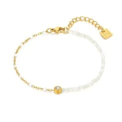 Twice As Nice Armband In Goudkleurig Edelstaal, Witte Email, Witte Pareltjes, 1 Kristal 16 Cm+3 Cm