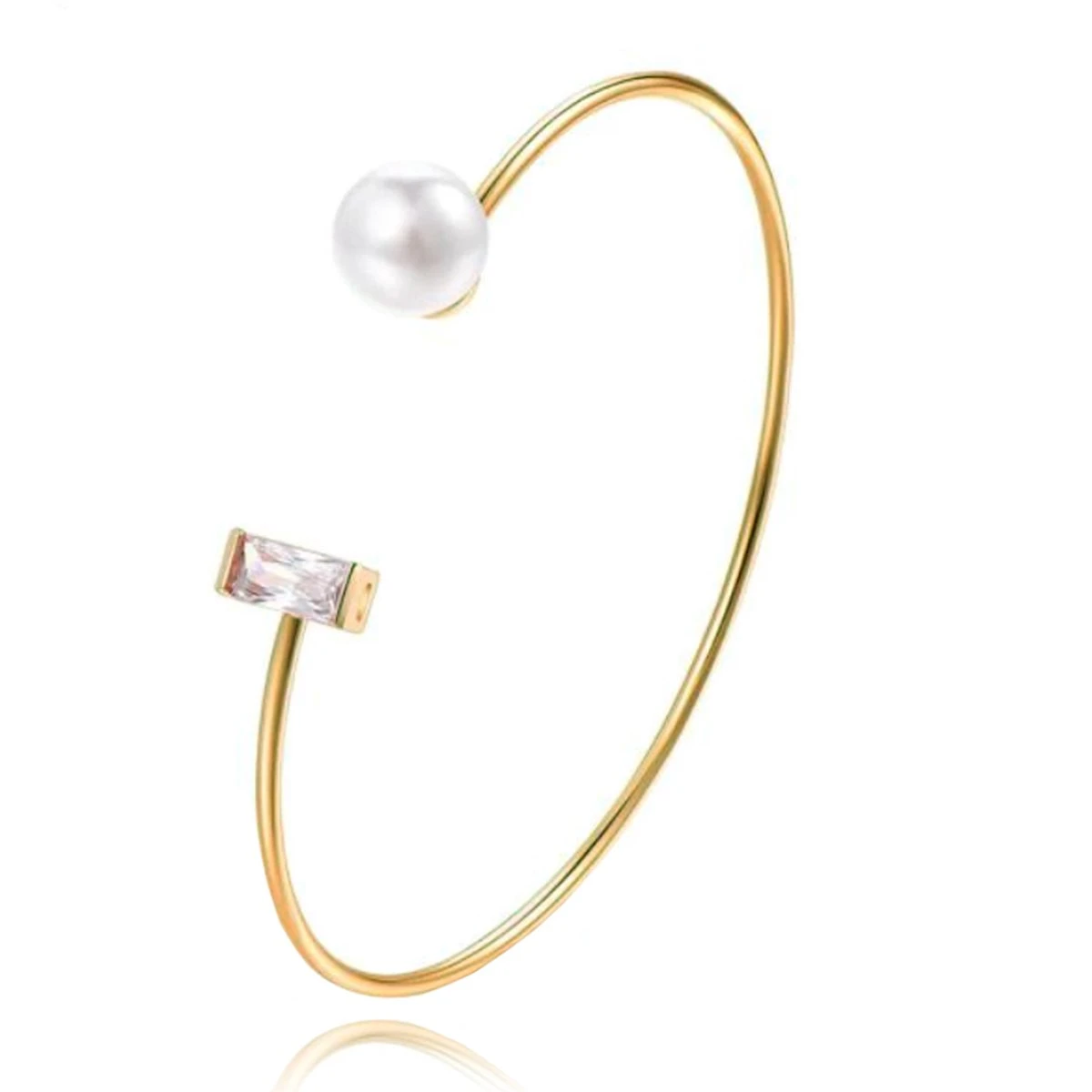 Goudkleurige Armband Met Rechthoekige Zirkonia Steen En Imitatie Parel 3 Goudkleurige Armband Met Rechthoekige Zirkonia Steen En Imitatie Parel