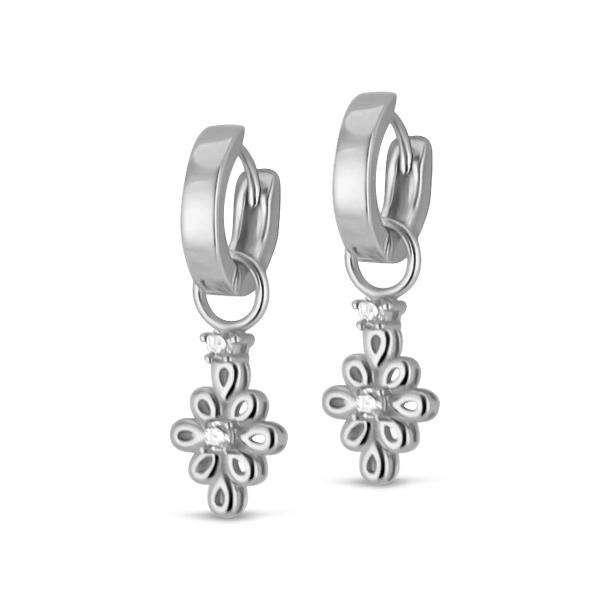 Silventi 9SIL-23047 Zilveren Oorringen Met Hangertje Bloem - Zirkonia - 13,5x8,4mm - Oorringen 12x2,7mm - Rhodium - Zilver 3 Silventi 9SIL-23047 Zilveren Oorringen Met Hangertje Bloem - Zirkonia - 13,5x8,4mm - Oorringen 12x2,7mm - Rhodium - Zilver