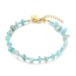 Twice As Nice Armband In Goudkleurig Edelstaal, Turquoise Steentjes Mix 16 Cm+3 Cm