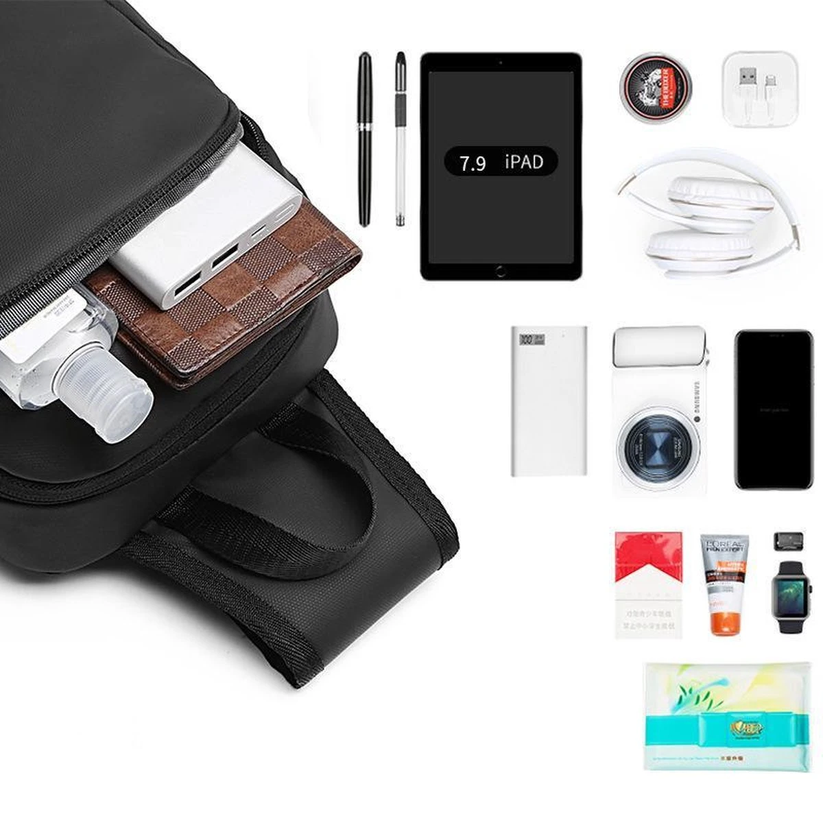 Pro-Care CrossBody Tas - Waterdicht - Universele Fit - Tablet 7.9 Inch - Telefoon Kabel Opening - Uniek Design - Zwart 7 Pro-Care CrossBody Tas - Waterdicht - Universele Fit - Tablet 7.9 Inch - Telefoon Kabel Opening - Uniek Design - Zwart - Afbeelding 5