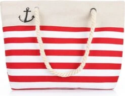 Strandtas Met Rits - Strandtas Groot - Damestas - Rood - Wit - Gestreept