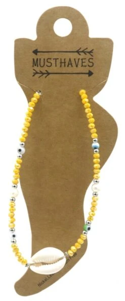 Enkelbandje - Schelp En Glaskralen - Anklet - Lengte 25-30 Cm - Mosterdgeel -Liora Luxe Winkel 499x1200