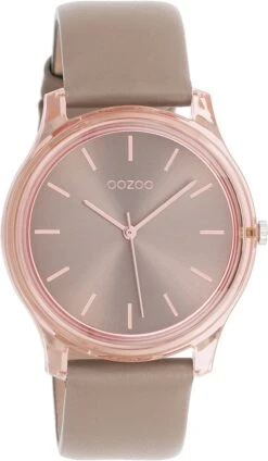 OOZOO Timepieces - Rosé Kleurige Horloge Met Taupe Leren Band - C11144