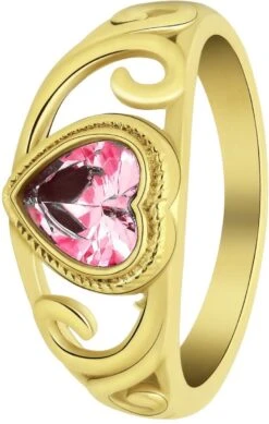 Lucardi - Dames Vintage Ring Met Hart Roze – Maat 63 – 20mm - Ring - Cadeau - Staal Goldplated - Goudkleurig