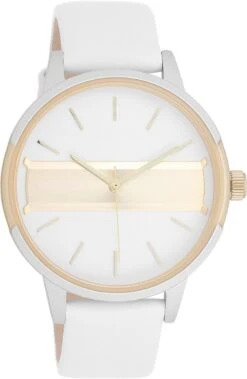 OOZOO Timepieces - Zilverkleurig/champagne Horloge Met Witte Leren Band - C11150