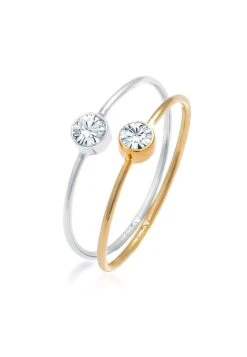 Elli Dames Ring Dames Stapelen Set Van 2 Eenzaam Basis Tweekleurig Met Kristal In 925 Sterling Zilver Verguld